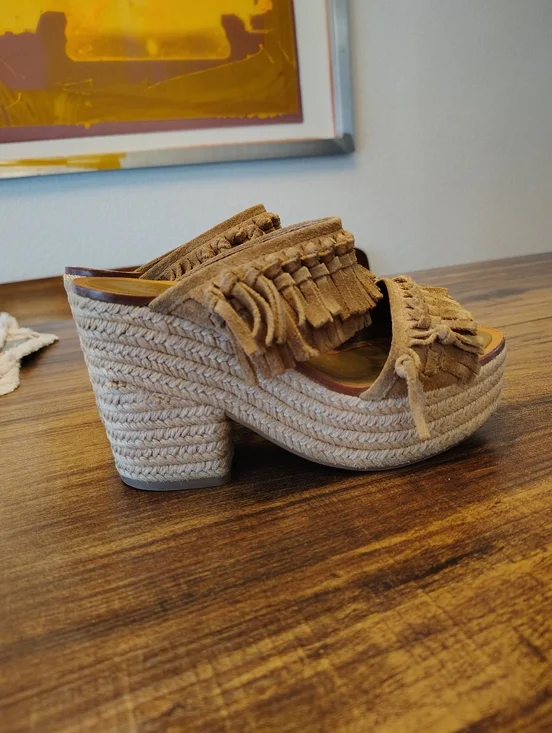 Tory Burch Fria Knotted-Fringe Espadrille Slide Suede Platform Sandals Size 6 - Picture 6 of 6